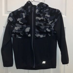 Russell Youth Large Full Zip Fleece Jacket Black & Gray Camo Pockets Like New